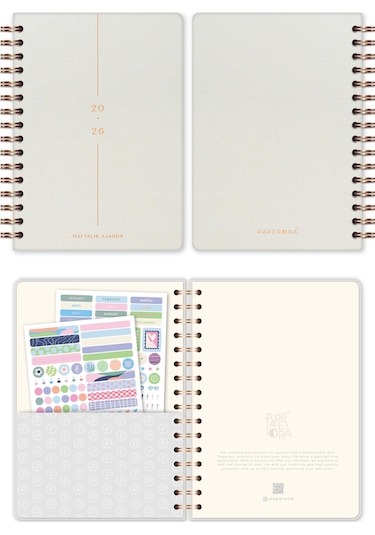2026 A5 Spiralli Keten Haftalık Ajanda 12 Aylık - Krem Krem
