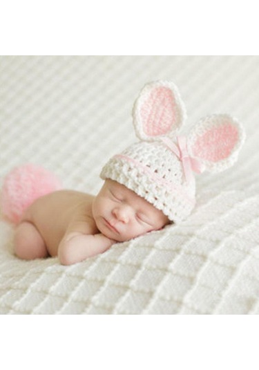 Yenidoğan Bebek Kız Erkek Tığ Örgü Kostüm Fotoğraf Fotoğraf Sahne Şapka Kıyafet Beyaz - Pembe