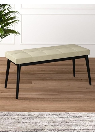 Tina Baby Face Modern Siyah Ahşap Ayak Bench Oturak 90x40, Ayakkabılık Bank, Yatak Ucu Puf KREM
