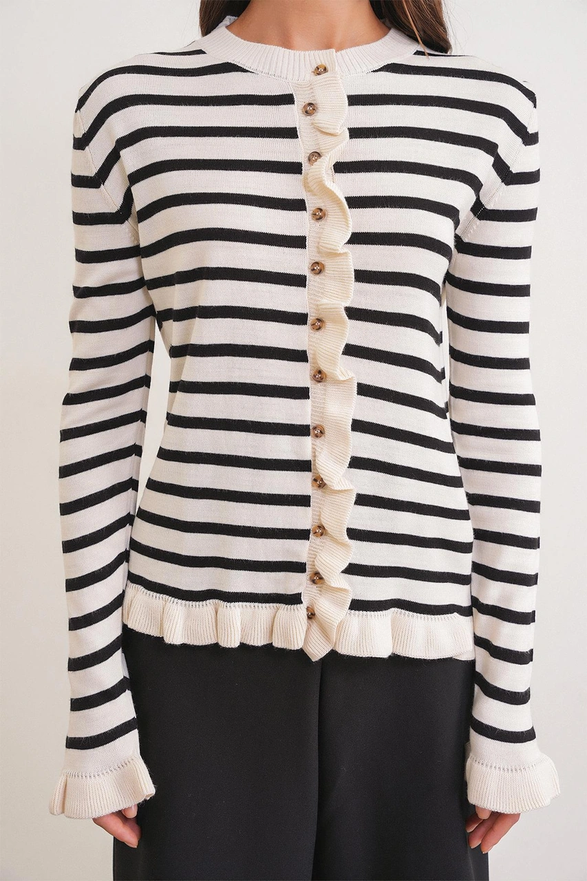 6965 Kadın Fırfır Detaylı Çizgili Triko Hırka Naturel Naturel