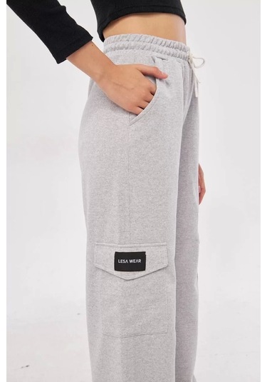 Kargo Cepli Palazzo Oversize Kesim İki İplik Bol Paça Eşofman Altı Pantalon - Gri Gri