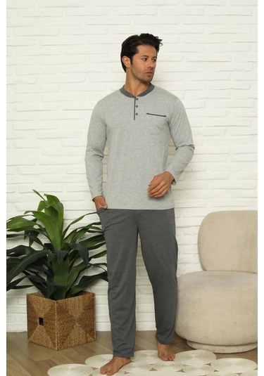 Alimer Erkek 3 Düğmeli Çizgili Desen %100 Pamuk Uzun Manşetli Kol Cepli Pijama Takımı Açık Gri