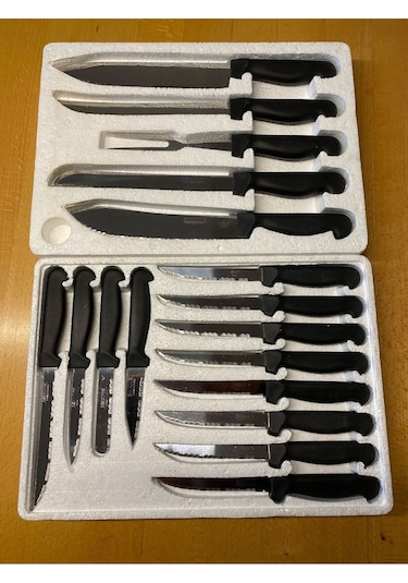 Shogun Japon Malı Tırtıklı Bıçak Seti Keskin Ağızlı Paslanmaz Mutfak Bıçağı Set 17 Parça Günlük Gri - Siyah