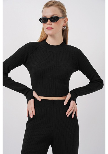 Bigdart 15905 Kadın Crop Kazak Pantolon Triko Alt Üst Takım - Siyah