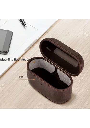 Airpods Pro 3 2025 Uyumlu Lüx Deri Suni Deri Kılıf 360 Koruma+kanca Koyu Kahverengi
