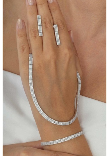 Gümüş Pazarım Beyaz Altın Kaplama 3 Sıra Su Yolu 925 Ayar Gümüş Düğün Seti Gümüş