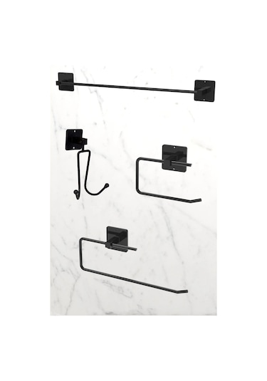 Yapışkanlı Siyah 4 Lü Suzun Askısı Havlu Askısı Wc Tuvalet Kağıtlık Rulo Havluluk Banyo Seti Siyah