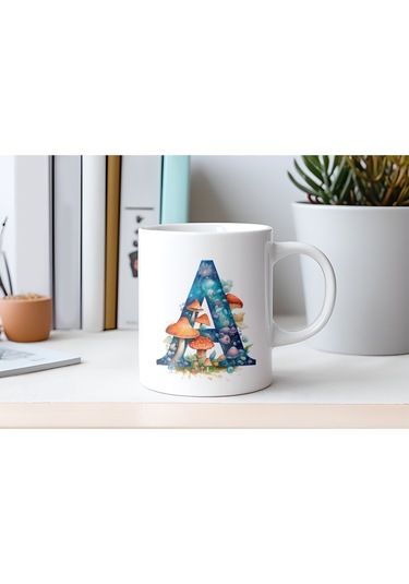 A Baş Harfi Fantastik Mantarlı Kupa Bardak - Kişiye Özel Masalsı Bardak - Hediye Beyaz