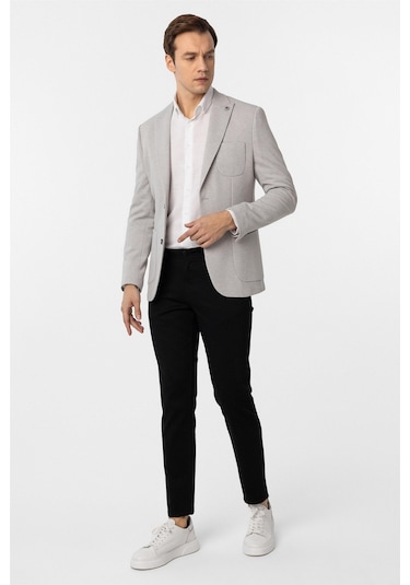Süvari Gri Slim Fit Armürlü Sivri Yaka 6 Drop Ceket