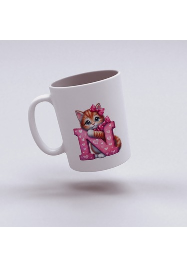 N Harfli Bardak, Sevimli Kedili Pembe Tasarım Bardak, Arkadaşa Aileye Hediye Porselen Beyaz