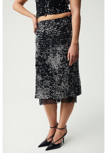 GRIMELANGE Yıseth Kadın Gümüş Pul Payet Uzun Astarlı Siyah Etek Siyah