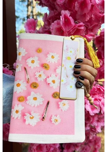 Kitap Kılıfı Ve Metal Kitap Ayracı Seti Pembe Papatya