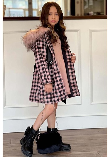 Riccotarz Kız Çocuk Kapüşonlu Peluş Detaylı Kare Desenli Pembe Kaban Pembe