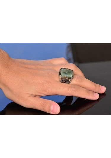 Gerçek Prehnit Yeşim Taşı Yüzük - Ayar Gümüş Erkek Bant Yüzüğü Gümüş