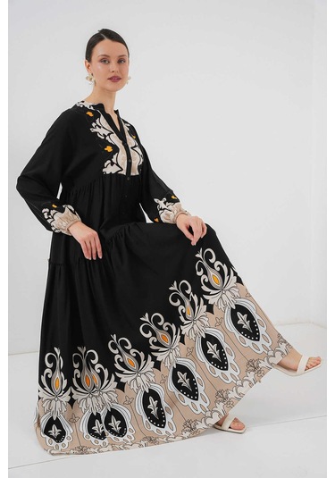 Gabria Ön Düğmeli Desenli Viskon Elbise Siyah - Taş