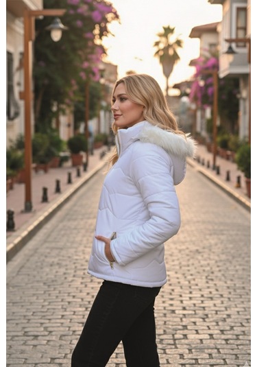 Barbora Günlük Kürklü Şişme Kadın Mont Beyaz
