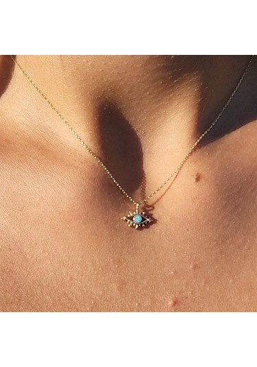 Tasarım Kirpik Nazar Boncuğu Firuze Mineli Göz Tasarım Stil Modern 14 Ayar Altın Kolye- Altın Kolye