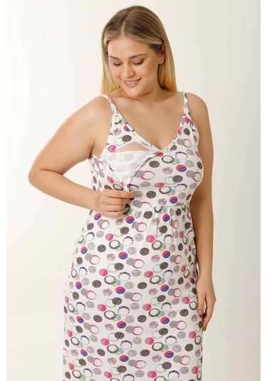 Parlingerie Hamile Lohusa Geceliği İp Askılı Puantiyeli Beyaz