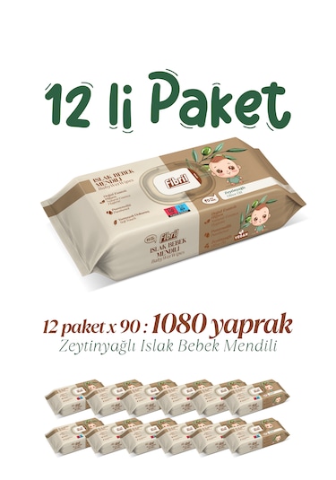 Fibril Zeytinyağlı Islak Bebek Mendili 12x90lı Paket 1080 Yaprak
