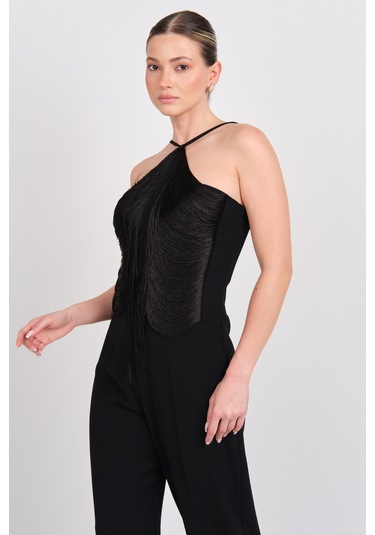 Explosion Kadın Püskül Detaylı Boyundan Bağlamalı Abiye Tulum 2283 Siyah Siyah