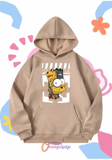 Çocuk Unisex Simpson Baskılı Oversize Kapüşönlü Sweatshirt Bej