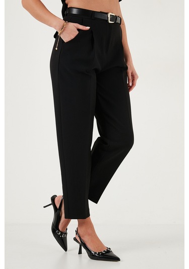 Lela Regular Fit Yüksek Bel Düz Paça Kemerli Bayan Pantolon 68350938 Siyah