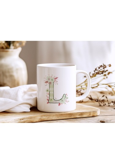 L Harfli Çiçek Desenli Kupa Bardak - Ekose Desenli Yeşil Pembe Desenli Tasarım - Kişiye Özel Hediye Beyaz