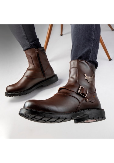 Ducavelli Rock Hakiki Deri Erkek Bağcıksız Kürklü Postal Bot, Harley Bot Kahverengi