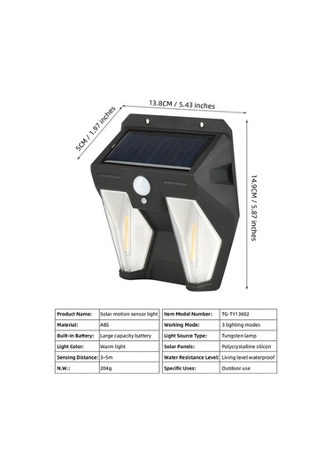 Pazly Sınır Ötesi Açık Su Geçirmez Peyzaj Işık, Güneş Enerjili Bahçe Aydınlatma, İnsan Vücut Sensörlü Duvar Lambası Ty13602 Çift Taraflı Tungsten
