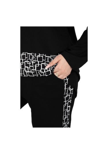 Melsay Butik Siyah Kare Şeritli Büyük Beden Kadın Eşofman Takımı Siyah