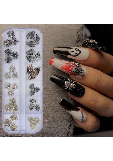 3d Cadılar Bayramı Tırnak Sanatı Takıları Kafatası Örümcek Ve Yapay Elmas Alaşımlı Tırnak Takıları