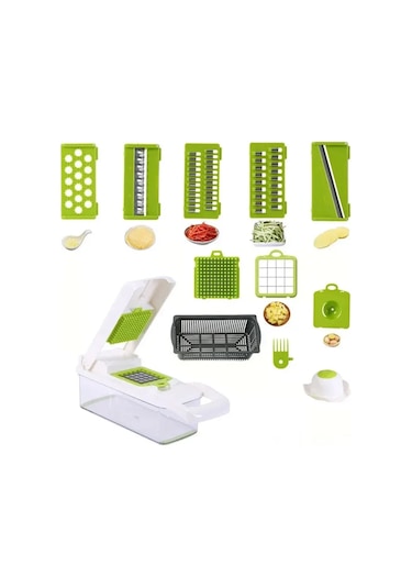 Konesam Mutfakta Hızlı Kesim İçin Çok Fonksiyonlu Patates- Havuç Julienne, Dilim Ve Küp Kesici Aleti - Gri Yeşil 16 Parça 3 Bıçaklı Kutu Seti Diğer