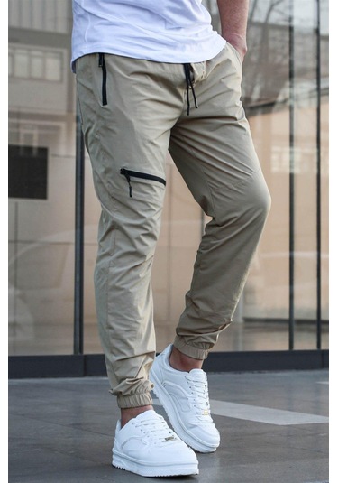 Madmext Bej Fermuar Detaylı Paraşüt Jogger Pantolon Bej