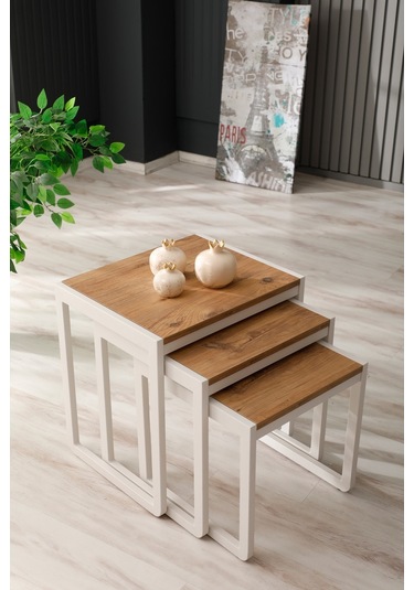 Arpelia Arpelia Üçlü Zigon Sehpa 50 x 40 CM Beyaz - Atlantik Çam