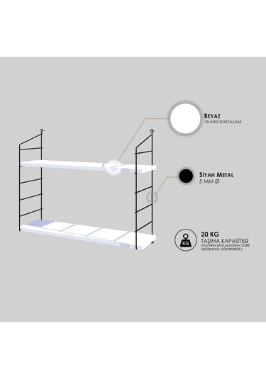 Decormet Armoni Raf Seti 2 Raflı 200 720 Beyaz Beyaz