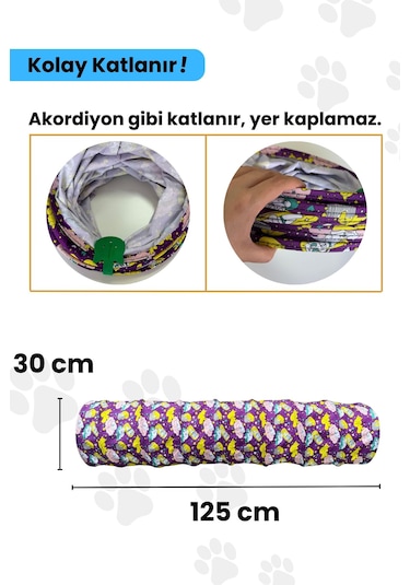 Miyav Mor Renkli ve Desenli Katlanabilir Uzun Kedi Tüneli 125 CM