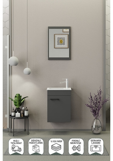Biani Fix Arya Mini 42 Cm Banyo Dolabı,Seramik Lavabolu, Aynalı,Lavabo Dahil,Mdf,Mat Gri Biani Fix Arya Mini 42 Cm Banyo Dolabı,Seramik Lavabolu, Aynalı,Lavabo Dahil,Mdf,Mat Gri