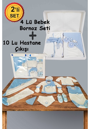 10 Parça Mavi Kuzu Hastane Çıkışı Ve 4 Parça Bebek Bornoz Seti Mavi