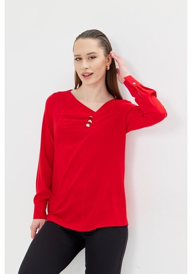 Yakası Pileli Ve Düğme Detaylı Gömlek Kırmızı Kırmızı