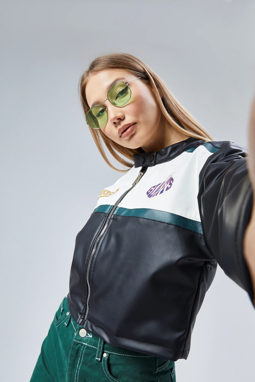 Kadın Oversize Baskılı Deri Şeritli Motorcu Montu Kısa Fermuarlı Yarışçı Ceketi Bomber Kolej Mont Yeşil