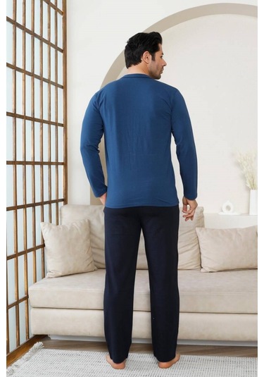 Erkek V Yaka Önden Düğmeli Pamuk Likra Mevsimlik Uzun Kol Cepli Pijama Takımı İndigo