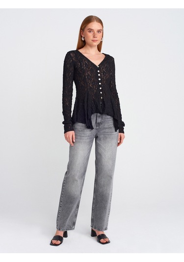 Dilvin 60433 Düğmeli Peplum Dantel Hırka-siyah Siyah