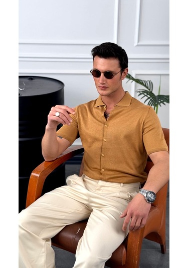 Modefendi Slim Fit Polo Yaka Triko Pamuk Kısa Kollu Gömlek Taba
