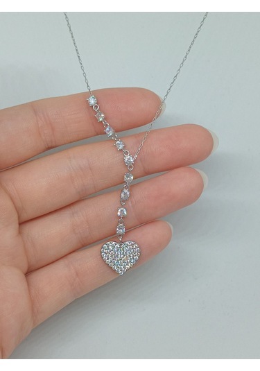 Tamamen Taşlı Kalpli 925 Ayar Gümüş Y Kolye Göz Alıcı Ve Işıltılı Tasarım Gümüş