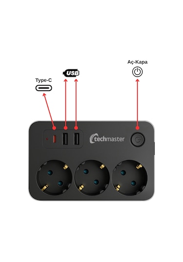 Techmaster 2 Usb + Type-c Akım Ve Çocuk Korumalı 3lü Kare Priz 5mt Diğer