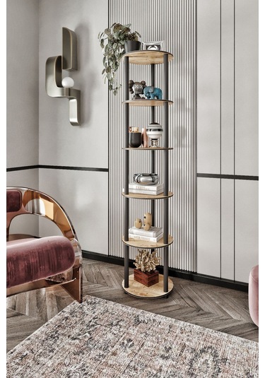 6 Katlı Dekoratif Yuvarlak Kitaplık Meşe Meşe