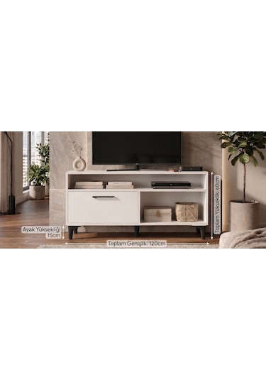 Modern Beyaz Tv Ünitesi 120 Cm - Ayaklı Ve Duvara Monte Edilebilir Çift Yönlü Kullanım