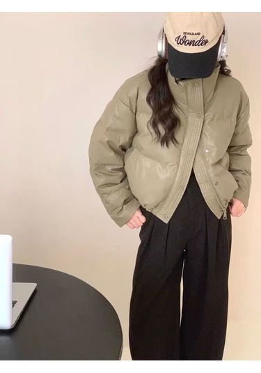 Yeni Kışlık Yıkanmayan Deri Kısa Kalınlaştırılmış Kadın Pamuklu Mont Siyah