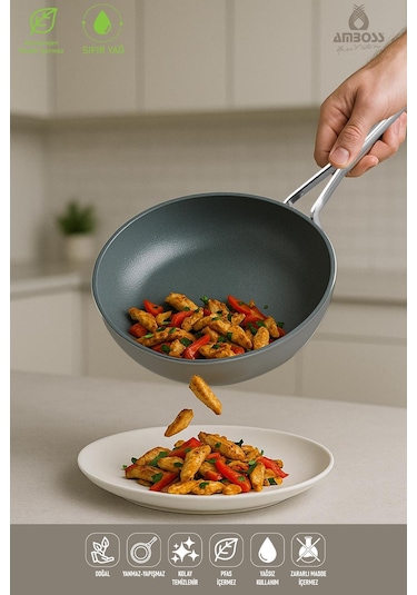 Sera Nova Yanmaz Yapışmaz Seramik Wok Tava 28 Cm Gri