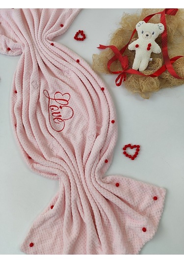 Tv Battaniyesi Love Nakışiı Kalpli Ponponlu Koltuk Şalı Battaniye Hediyelik Örtü Oyun Matı Pembe
